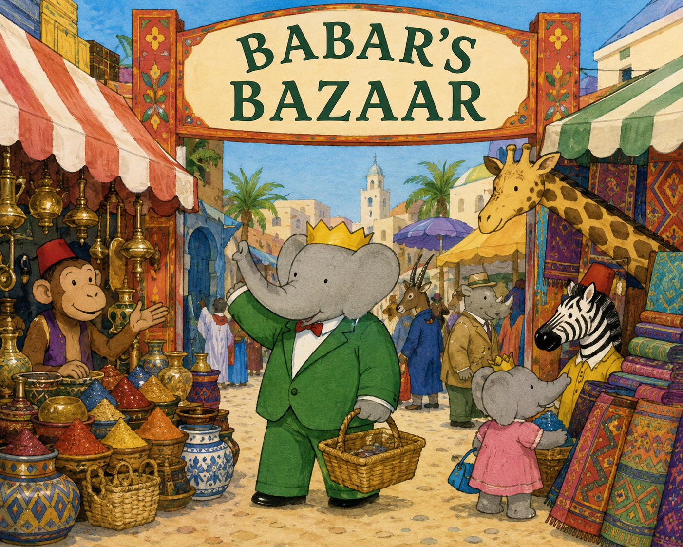 Babar in a bustling bazaar, holding a basket beneath a Babar’s Bazaar sign.